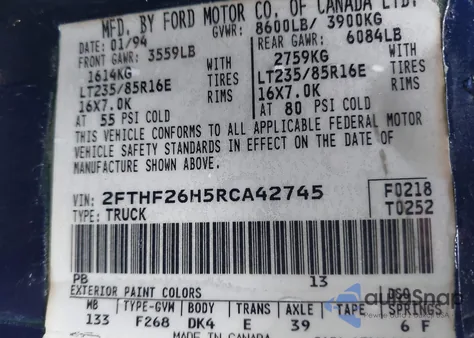 1994 Ford F250 z USA, uszkodzony, nr VIN 2FTHF26H5RCA42745